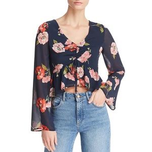 NWT Women’s AQUA FLORAL CINCHED BLOUSE crop top long sleeve size S